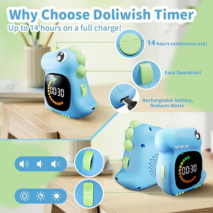 Visual Timer for Kids Light Blue Dinasuor Kids Timer Visual Led Rechargeable Toddler Timer Visual Countdown for Classroom Home Studing Playing