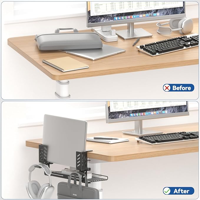 KDD 3-in-1 Laptop Stand Holder Storage, Adjustable Under Desk Cable Management Tray with Headphone Hanger and Cable Ties, No Drill Clamp on Desk Side Organizers Suitable for Laptop/Tablet/Headphone