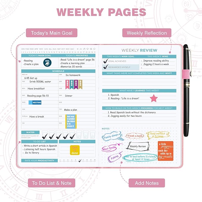 2025-2026 Undated 12 Month Planner Hardcover (5.5x8.5") - Weekly & Monthly Academic Life Organizer, Productivity Journal, Thick Paper, Sticker, Bookmark, Pen Loop(Pink)