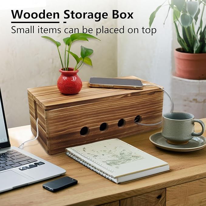 Large Cable Management Box, Wood Cord Hider Box & Organizer for Power Strip Hider Cable Storage for Office, TV Wires, Desk Cord Organizer, 14" x 5.9" x 5.1", Vintage Walnut (Vintage Walnut-lid)