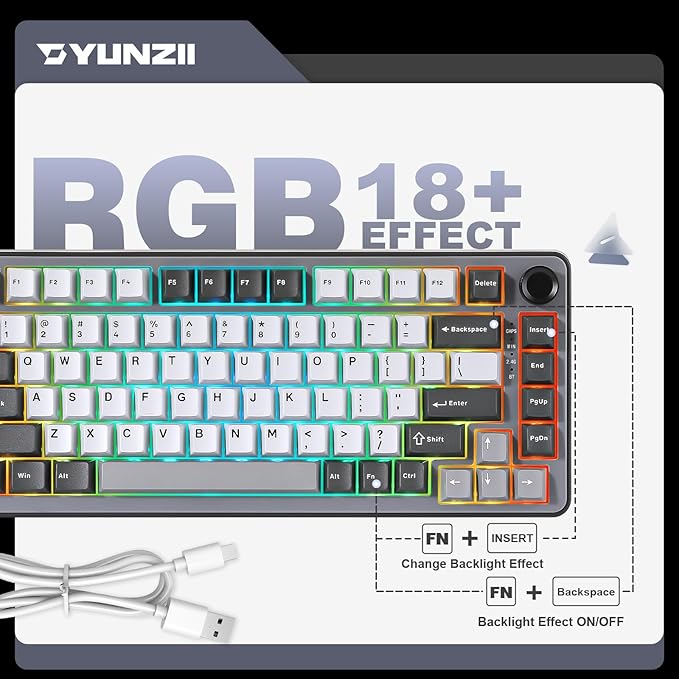 YUNZII B75 PRO Wireless Mechanical Keyboard,75% Layout with Knob,Hot Swap Gasket Custom Structure,Creamy Pre-lubed Switches,RGB Backlit,BT/Type-C/2.4G for Win/Mac(Cocoa Cream V2 Switch,Dark Grey)