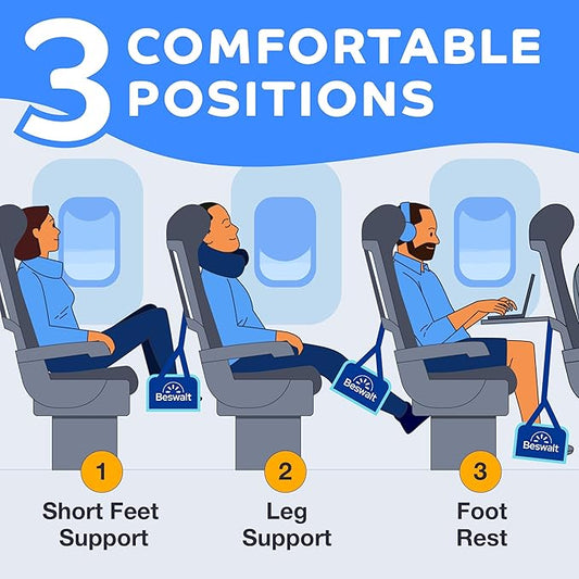 Portable Airplane Foot Hammock for Plane Travel with Memory Foam & Hardboard for No Feet or Leg Clashing - Long Flight Air Travel Essentials to Relax Feet Rest Flying Overseas by Beswalt (Navy Blue)