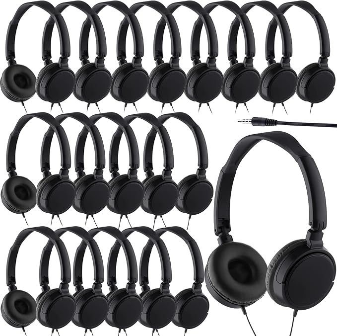 Yunsailing 18 Pack Classroom Headphones Bulk Student Wired Class Headphones Set for Kids School with Individually Wrapped Adjustable Over Ear Head Earbuds(Black)