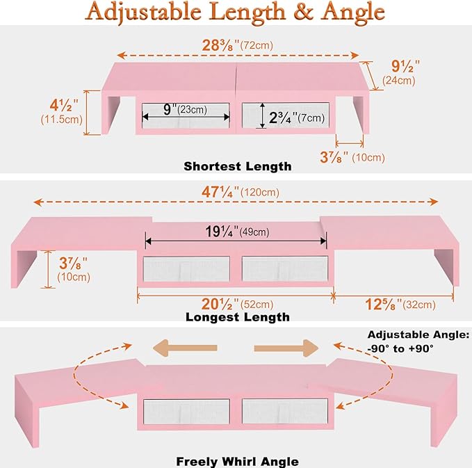 TEAMIX Pink Dual Monitor Stand Riser - Length and Angle Adjustable Monitor Stand with 2 Drawers to Storage Large Computer Riser for 2 Monitors/Laptop/PC, Wood Screen/TV Stand Desk Organizer (Pink)