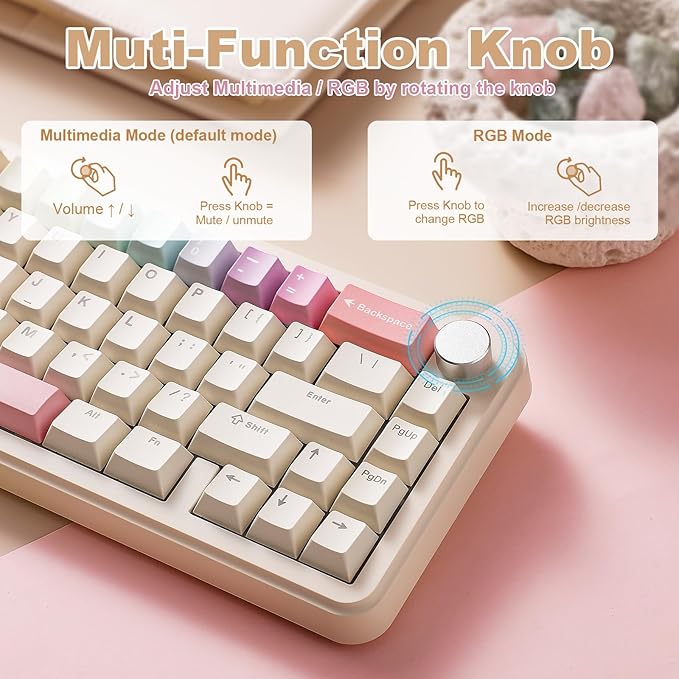 YUNZII B68 Wireless Mechanical Keyboard,Tri-Mode BT5.0/2.4GHz/USB-C,Cute PBT Keycaps,Hot Swappable Creamy Typing Gasket Mounted,RGB Backlit NKRO for Win/Mac (Beige, Milk V2 Switch)
