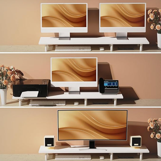 Large Dual Monitor Stand Riser 43.3IN,White Home Office Storage For Desk Accessories,Solid Wod Desk With Adjustable Legs For computer/PC/Laptop/Printer/Container/dressing table