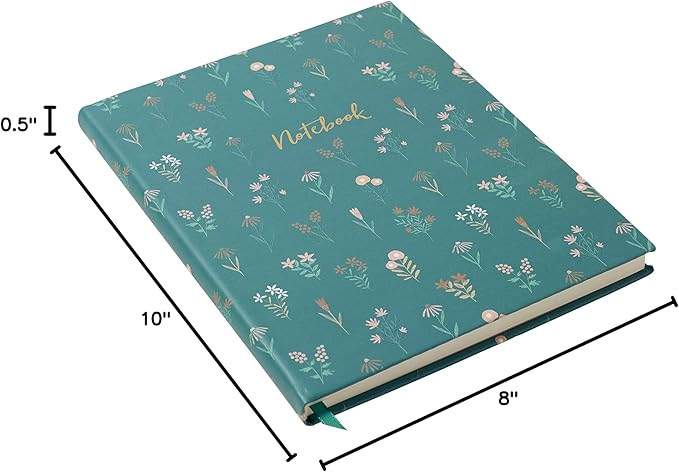 Eccolo Large Lined Journal Notebook, Hardbound Cover, Writing Journal, 256 Ruled Ivory Pages, Ribbon Bookmark, Lay Flat, Desk Size, Tiny Flowers (Green, 8x10 inches)