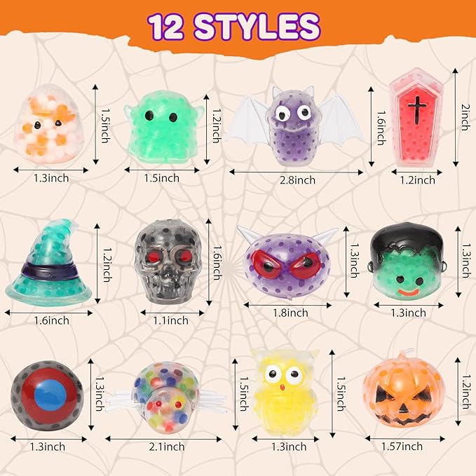 12 Pcs Halloween Mini Sensory Stress Balls Squeeze Toy for Adults, Squishy Stress Relief Toys, Halloween Non Candy Treats Gifts Goodie Bag Filler Party Favors