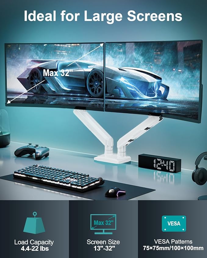 Dual Monitor Desk Mount, 13-32 inch Adjustable Gas Spring Monitor Arm, Computer Display Stand Holder with Clamp and Grommet Base, Fits 4.4 to 22lbs Screens, VESA Mount Bracket, White, Freelift Pro