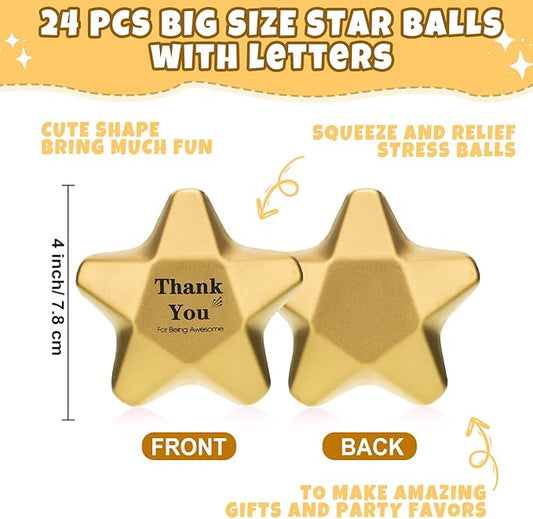 Deekin 24 Pieces 3.1 Inch Star Stress Balls Gold Mini Foam Ball Star Stress Toys Bulk Stress Relief Gifts for Coworkers Adult Goodie Bag Stuffers Teen Party Favors School Office Award(Thank)
