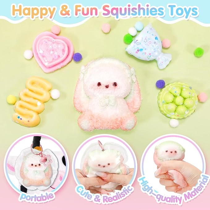 Squishies Toys Set 5PCS, Squeeze Toys Stuffed Bunny Cake Dessert Flower Sensory Fidget Toys for Anxiety Relief, Desk Sticky Toys Party Favors Birthday for Boys and Girls