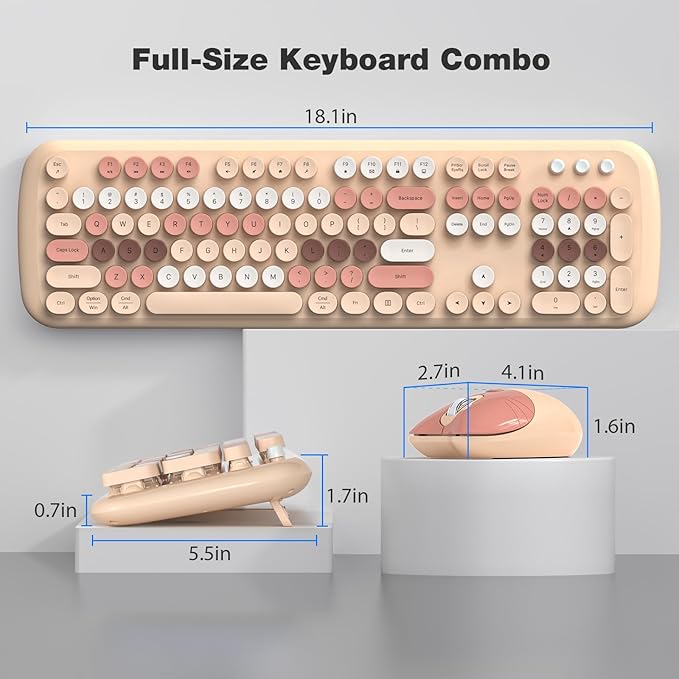 Wireless Keyboard and Mouse Combo for Windows, MOWUX 2.4G Full-Sized External Cordless Computer Keyboard, Compact Mouse, 8 Multimedia and Shortcut Keys, for PC, Laptop - Milk Tea Colorful
