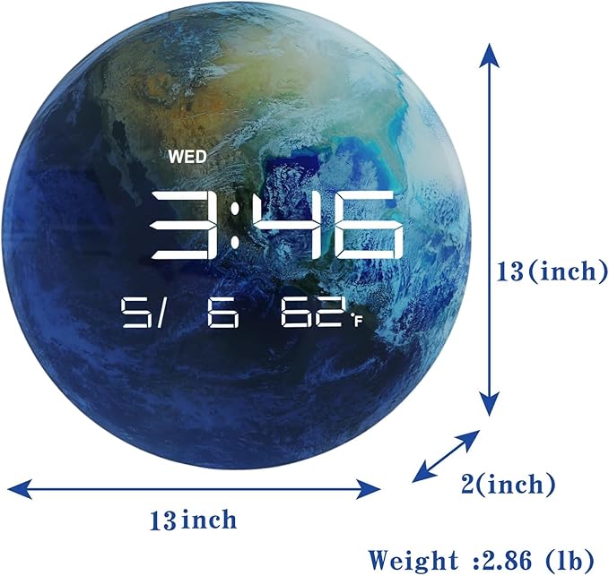 13" Digital Wall Clock with LED Display, Calendar & Temperature, Automatic Dimming, 12/24hr Format, USB Powered, Wall & Desk Use - HUI-8859