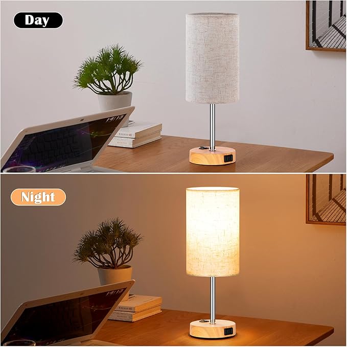 ZJOJO Table Lamp for Bedroom Set of 2, Bedside Small Lamps with 3 Way Dimmable Rocker Switch & AC Outlet, Nightstand Desk Lamp with Flaxen Fabric Shade Woodgrain Base for Living Room Home Decor Lights