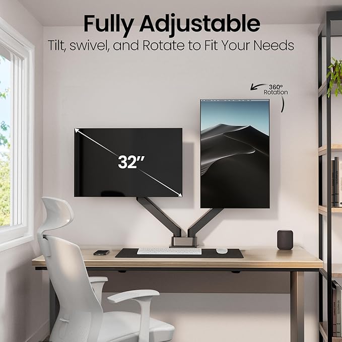 EVEO Premium Dual Monitor Mount 14"-32” Dual Monitor Arm VESA Bracket Adjustable Height Gas Spring Dual Monitor Stand, Screen Full Motion Dual Monitor Arm-Computer Monitor Stand for 2 Screens - Black