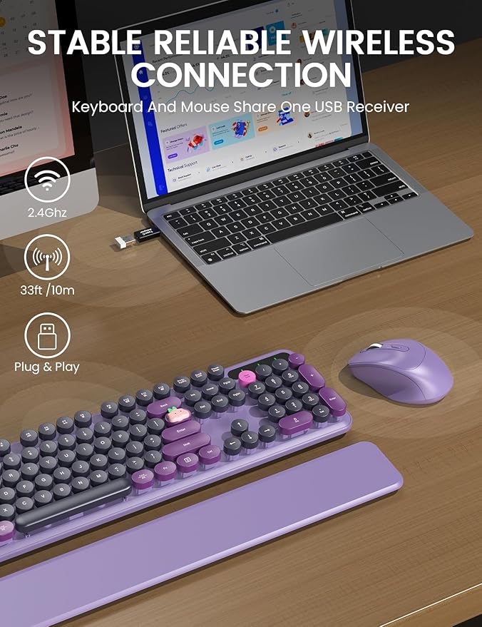 Wireless Keyboard and Mouse - Cute Typewriter Keyboard with Detachable Wrist Rest, Retro Round Keycaps, Foldable Legs, 2.4GHz Full-Size Keyboard Combo for PC, Laptop, Windows - Trueque (Grape Purple)