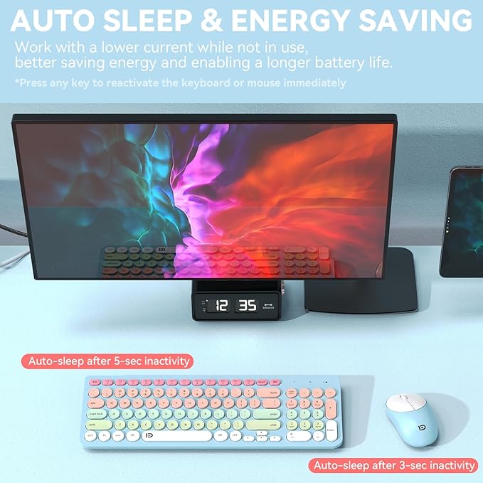 Wireless Keyboards Mouse Combos, Colorful Cute Typewriter Full-Size Retro Round Keyboard, 2.4GHz Sleep Mode Office Quiet Wireless Creamy Keyboard and Mouse Set for Desktop Laptop PC Computer-Blue