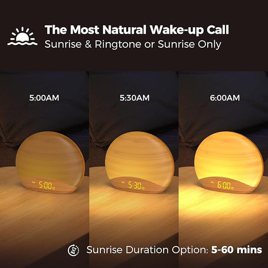 REACHER Natural Wood Grain Sound Machine Sunrise Alarm Clock,26 Nature Inspired Sleeping Sounds, 0-100% Dimmable Clock, Night Light,Brown/Pink/White Noise Sound Machine for Babys, Kids, Adults