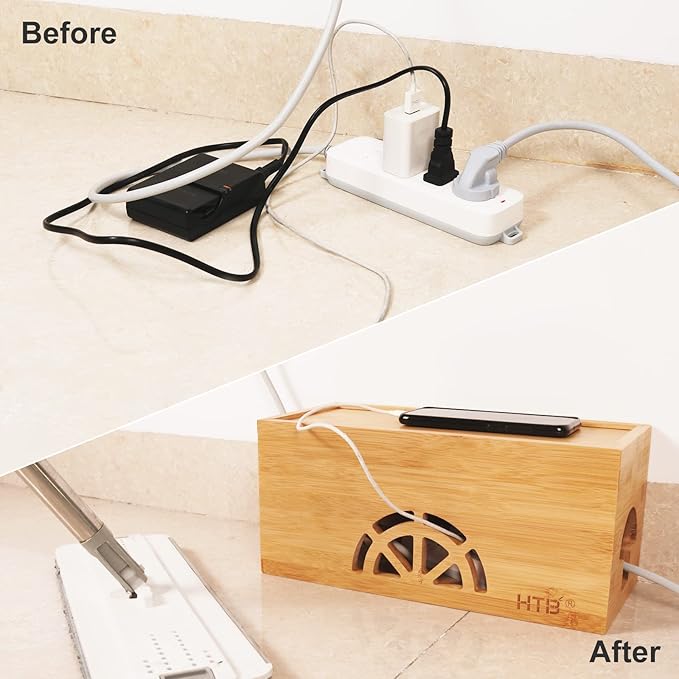 Cable Management Box Set of 2 by HTB, Large & Small Bamboo Cord Organizer Box to Hide Wires & Power Strips | Desk Computer Cable Management Box | Cable Storage | Cord Box Hider for Home & Office