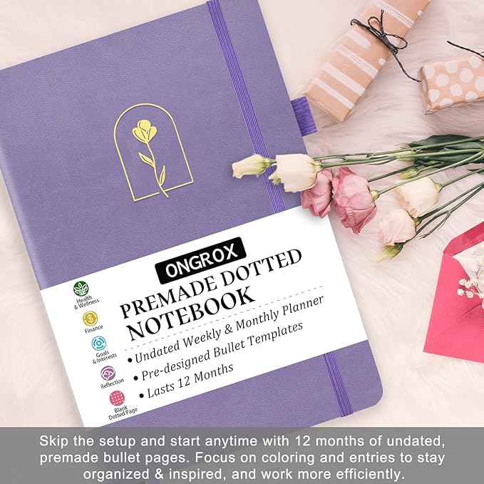 Premade Bullet Style Notebook with Undated Weekly & Monthly Planner, Dotted Journal with Pre-made Bullet Planner Stencils, Dot Grid Journaling with Habits & Mood Tracker, 12 Month Organization, A5