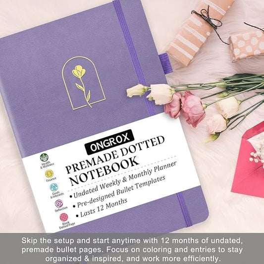 Premade Bullet Style Notebook with Undated Weekly & Monthly Planner, Dotted Journal with Pre-made Bullet Planner Stencils, Dot Grid Journaling with Habits & Mood Tracker, 12 Month Organization, A5
