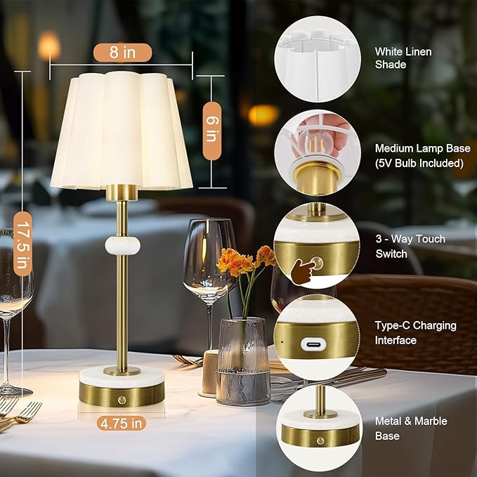 Cordless Lamp,Night Light, 4400mAh Battery Operated Lamp, Lamps for Living Room with Linen Shade, Touch Lamps for Night Stands with Marble Base, Gold Desk Lamp for Bedroom(Bulb Included)