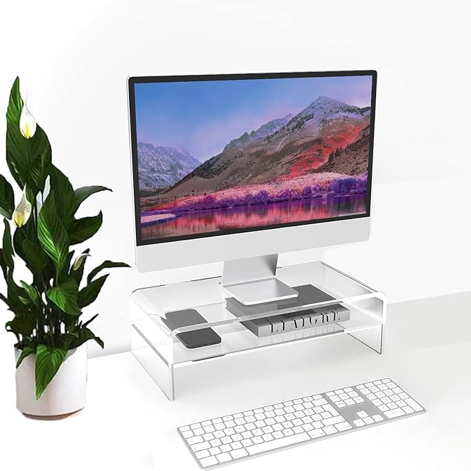 Acrylic Monitor Stand, 2 Tier Computer Monitor Stand Riser,16 inch Acrylic Computer Monitor Stand Riser for iMac, PC, Desktop, Laptop, TV Screen with Extra Storage Space Home Office