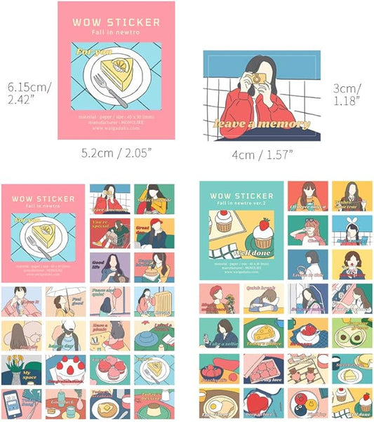 Monolike Wow Sticker Fall in newtro ver.1 + ver.2 Set - Mini Size Cute Stickers, Square Stickers