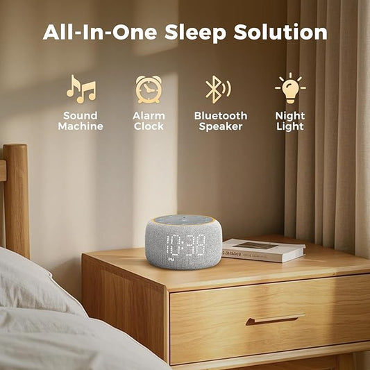 White Noise Machine Alarm Clock: Auto-Dimmable Clock for Bedrooms - 5W Stereo Bluetooth Speaker - Sound Machine with 24 Sleep Sounds for Adults Kids