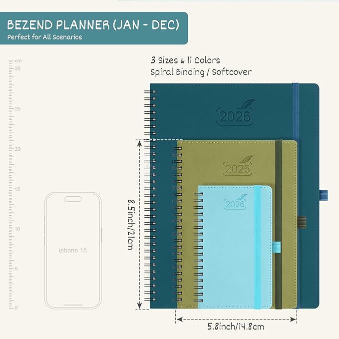 BEZEND 2026 Planner Weekly and Monthly (6" x 8.5" Spiral) Daily Calendar with Half-Hourly Timeslots & Tabs (Jan-Dec) Note & Expenses, Pen Holder, Inner Pocket, Vegan Leather Softcover - Turquoise