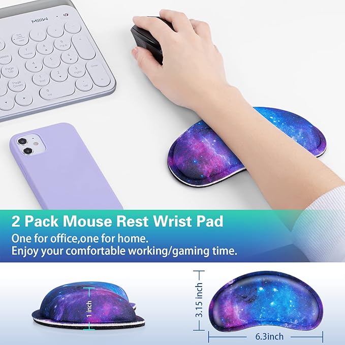 Mouse Wrist Rest, Canjoy 2 Pack Memory Foam Soft Fabric Mouse Wrist Rest Pad Support Cushion with Anti-Skid Rubber Base,Ergonomic Pain Relief Mouse Hand Rest (Blue Galaxy)