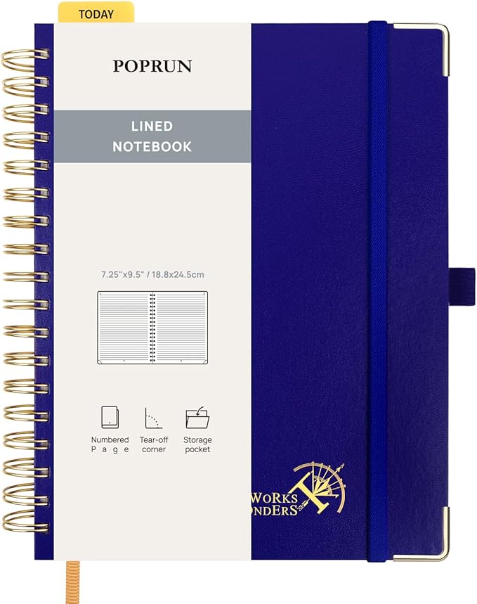 POPRUN Lined Spiral Journal Notebook for Women & Men, 7-1/4" x 9-1/2", 220 Numbered Pages, College Ruled Hardcover Notebook for Work, Journals for Writing, 120 GSM Thick Paper - Royal Blue
