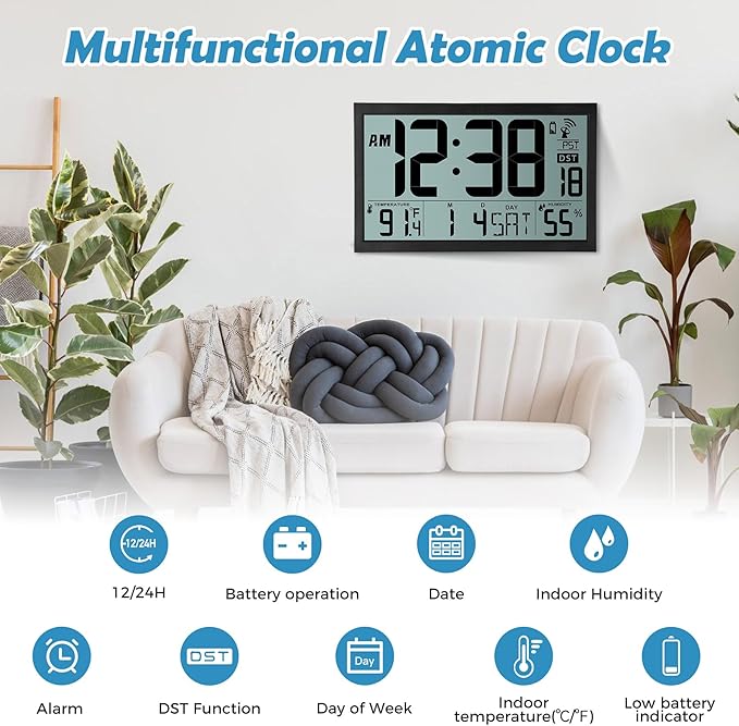 SZELAM Atomic Clock,16.7" Large Display Digital Wall Clock Battery Operated,Digital Calendar Auto Setting Desk Clocks with Indoor Temperature, Humidity,Date,Day,Auto DST for Elderly Bedroom Classroom