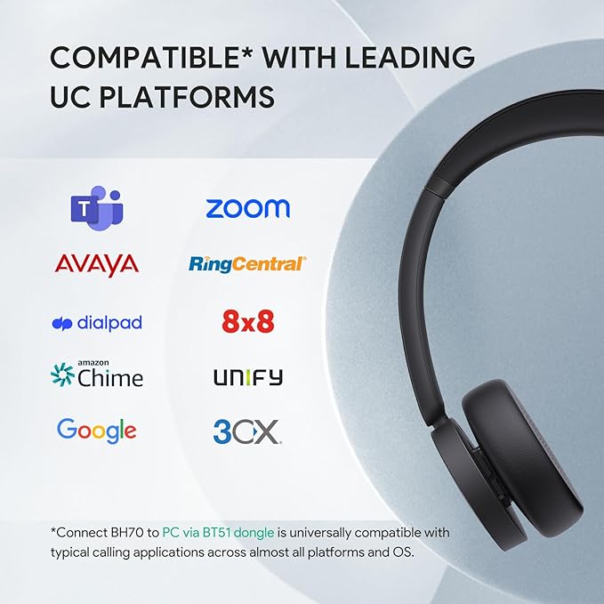 Yealink BH70 UC (NO Dongle) Wireless Bluetooth Headset with Microphone for Work, 35h Talking Battery Life, 3-Mic Noise Cancellation Headsets for Computer, 147g Lightweight Headphone for Open Office
