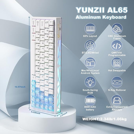 YUNZII AL65 Wireless Mechanical Keyboard, Full Aluminum CNC,Support QMK/VIA Software Gasket Structure,60% Hot Swappable with RGB Backlit BT/2.4G/USB-C for Mac/Windows(White, Gateron Zero)
