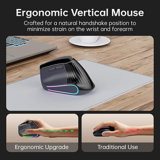 Ergonomic Vertical Mouse Wireless, Bluetooth Ultra-Fast Scrolling 4800 DPI Rechargeable Ergo Mouse, 2.4G Quiet Clicks 6 Buttons RGB Optical Mice, 3 Multi-Device Connectivity for Mac, Laptop - Black