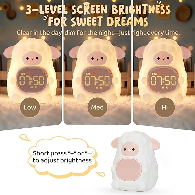 Sheep Alarm Clock with Night Light for Kids with Sleep Training and Sound Machine, Rechargeable Silicone Lamp OK to Wake Clock,Cute Animal Tabletop Lamp, Perfect Sleep Companion for Boys Girls, Pink