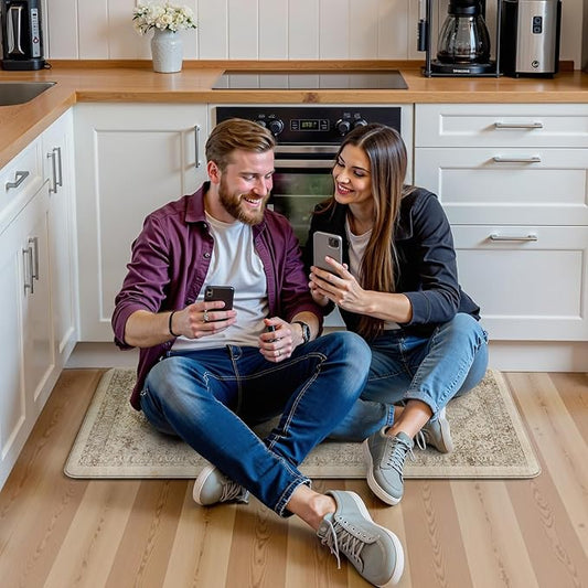 KIMODE Anti Fatigue Kitchen Mat 20"x39", Padded Kitchen Floor Mats Non Slip, Waterproof Cushioned Floral Kitchen Runner, Farmhouse Comfort Standing Mat for Laundry, Office, Sink, Desk Khaki