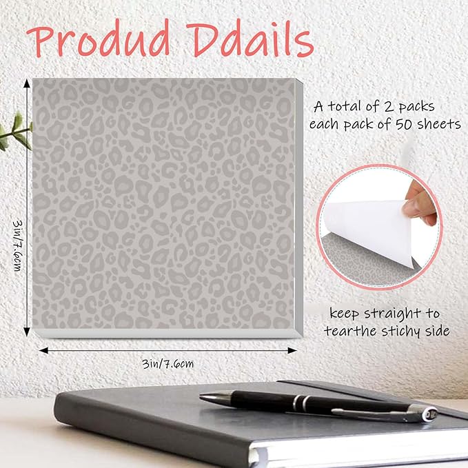 Sticky Notes 3x3 Inches, 2 Pads Cute Colorful Self-Stick Note Pads, Easy to Post for Home, Office and Daily Life Organization Luxury Black Leopard