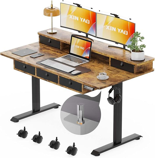 XINYAO Electric Standing Desk with 5 Drawers, 55x30 Inch Extra Wide Height Adjustable Sit Stand Up Desk with Storage Support 290lbs Ergonomic Rising Table with Wheels for Home Office