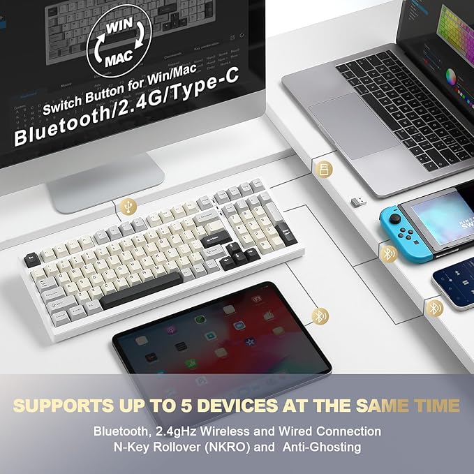 YUNZII YZ98 Gasket Mechanical Keyboard,99 Key Hot Swappable BT5.0/2.4G/USB-C Wireless NKRO 98% 1800 Layout with RGB LED Backlit for Linux/Win/Mac(White, Cocoa Cream V2 Switch)