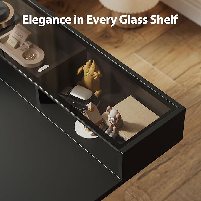 Agilestic Glass Standing Desk with Storage, 48 Inch Electric Adjustable Desk with Glass Shelf, Sit Stand Up Home Office Computer Table, Splice Board, Black