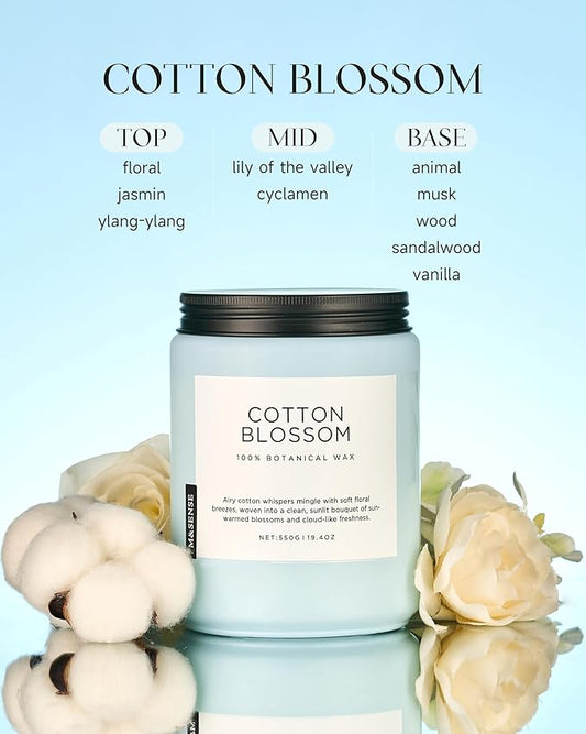 M&SENSE Clean Cotton Scented Candle - 19.4oz Natural Soy Wax Clean Cotton Blossom Scent Non Toxic Candle, 110-Hour Slow Burning 2-Wick Aromatherapy Home Fragrance Gifts for Home Decor