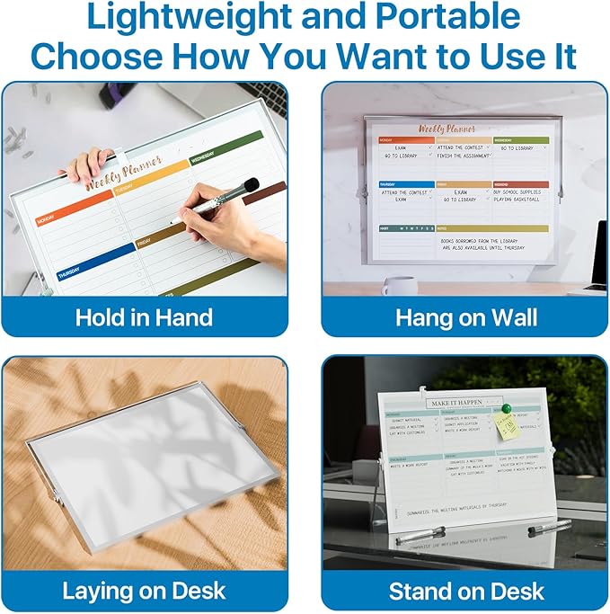 Dry Erase White Board with Stand,Double-Sided Whiteboard 12"x16", 10 Markers,6 Magnets, 1 Eraser,Portable Desktop Whiteboard for Planning,Colorful Weekly Schedule Board for School for Home