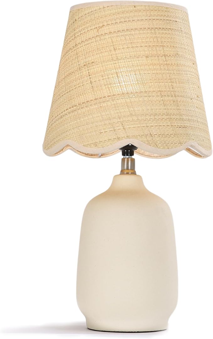 Pia Ricco 19" Modern Ceramic Table Lamp for Living Room Cream Base Desk Lamps for Bedroom Farmhouse Bedside Nightstand Lamp End Table Lamps,Beige,Rattan Shade