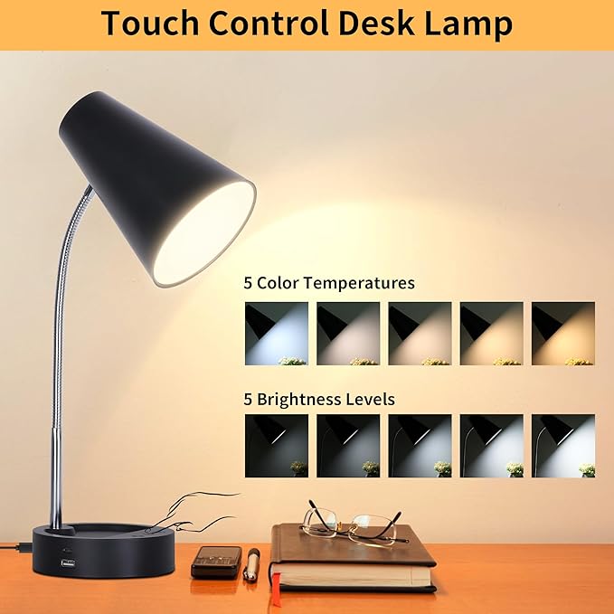 RUNTOP Desk Lamp, Black Desk Lamps for Home Office, LED Desk Light with USB Port and Type C Port, 5 Brightness Levels, 5 Color Temperatures, Flexible Gooseneck Desk Lamp, Table Lamp for Reading Study
