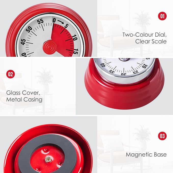 Visual Timer, Teeloray 60-Minute Countdown Timer, Kitchen Timer with Magnetic Base, Mechanical Clockwork, Ringer Alert, Time Management Tool for Children and Adults, Study/Work/Cooking (Red)