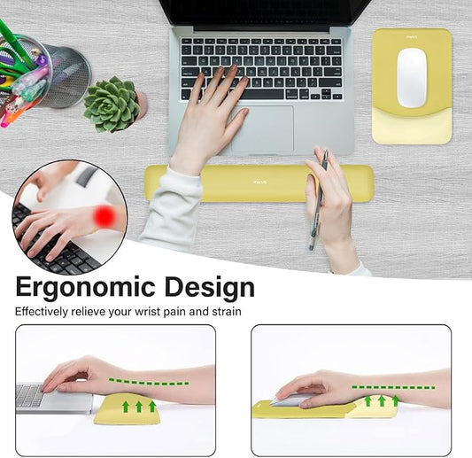 MOSISO Wrist Rest Support for Mouse Pad&Keyboard Set, Rectangular Ergonomic Mousepad Non-Slip Base Home/Office Pain Relief&Easy Typing Pad with Neoprene Cloth&Raised Curved Memory Foam, Yellow