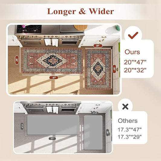 KIMODE Anti Fatigue Kitchen Mats, Boho Distressed Kitchen Rugs 20"x47"+20"x32", Non-Slip Waterproof Kitchen Floor Mats, Comfort Mats for Kitchen Floor, Sink, Laundry, Office, Desk Red