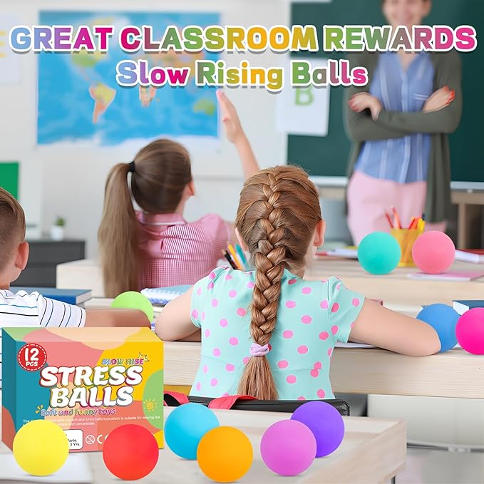 12 Pack Slow Rising Stress Ball,Stress Balls for Kids Adults,Stretchy Fidget Toys for Stress Relief,Hand Therapy Sensory Squishy Ball, Squishy Toys for Kids, Classroom Prize Box Party Favors